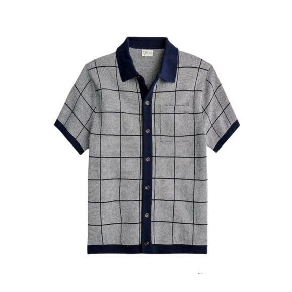 J. Crew Men's Blue Short Sleeve Jacquard Polo Sweater Medium Windowpane Retro
